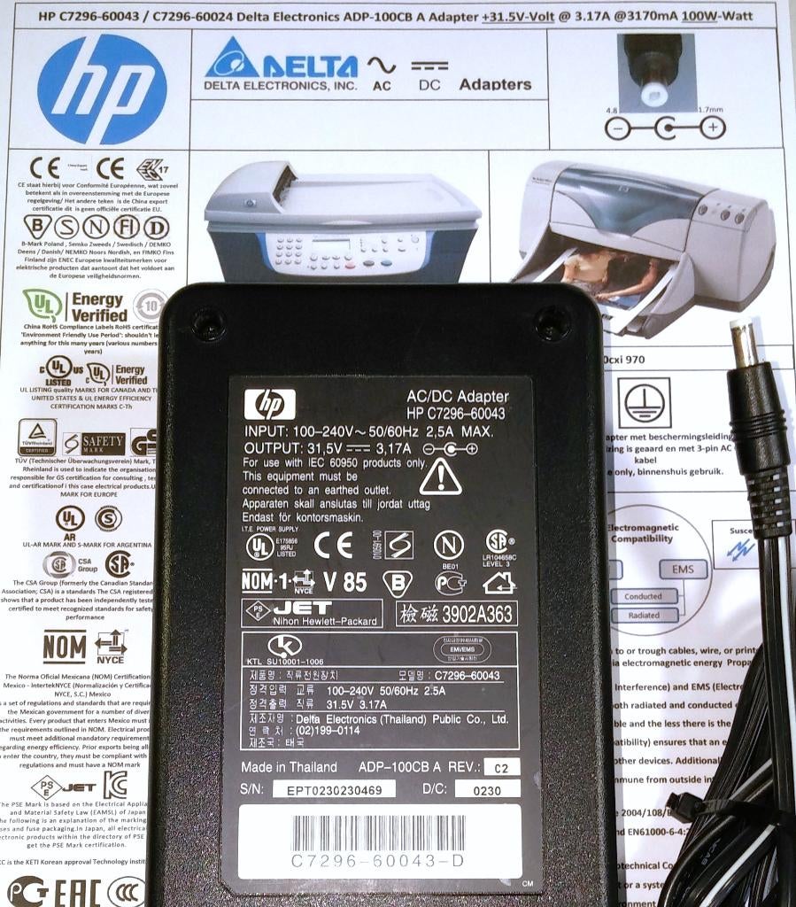 HP C7296-60043 31.5V 3.17A 100W AC Adapter Delta ADP-100CB, Computers en Software, Printerbenodigdheden, Ophalen of Verzenden