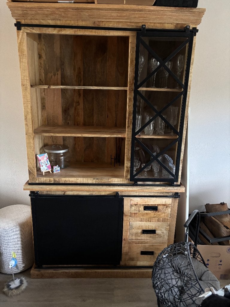 industriële kast mango hout met zwarte metalen schuifdeur, Ophalen, Met deur(en), 100 tot 150 cm, 25 tot 50 cm