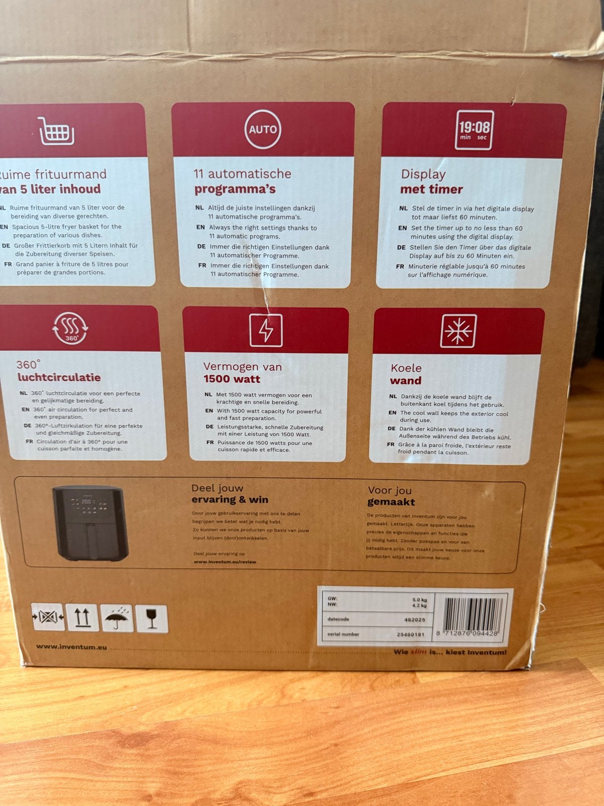 Gloednieuwe Inventum Airfryer GF501HLDB met doos, Ophalen, Nieuw, Airfryer, 1500 gram of meer