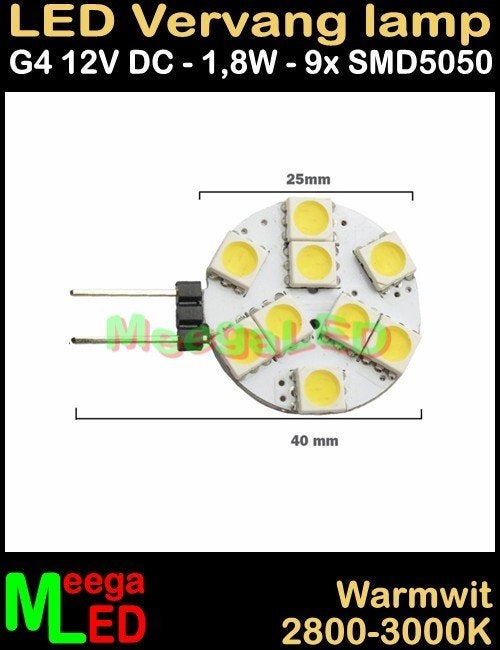 G4 ledspot ledlamp rond 9 SMD5050 - 12Vdc - 1,8 Watt, Led-lamp, Dimbaar, Nieuw, Ophalen of Verzenden
