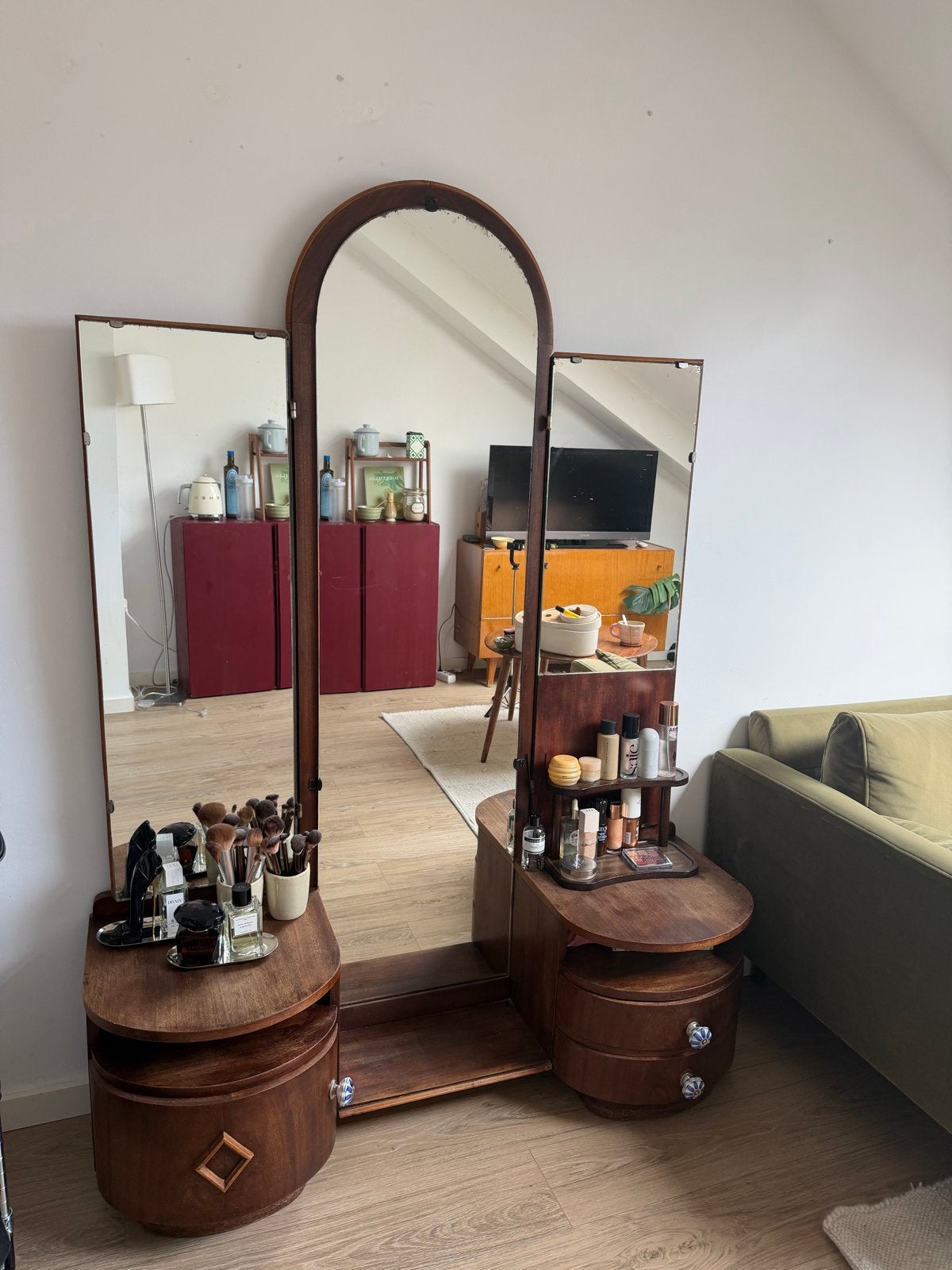 Vintage kaptafel met spiegel en lades, Ophalen, Gebruikt, 100 tot 150 cm, 150 tot 200 cm