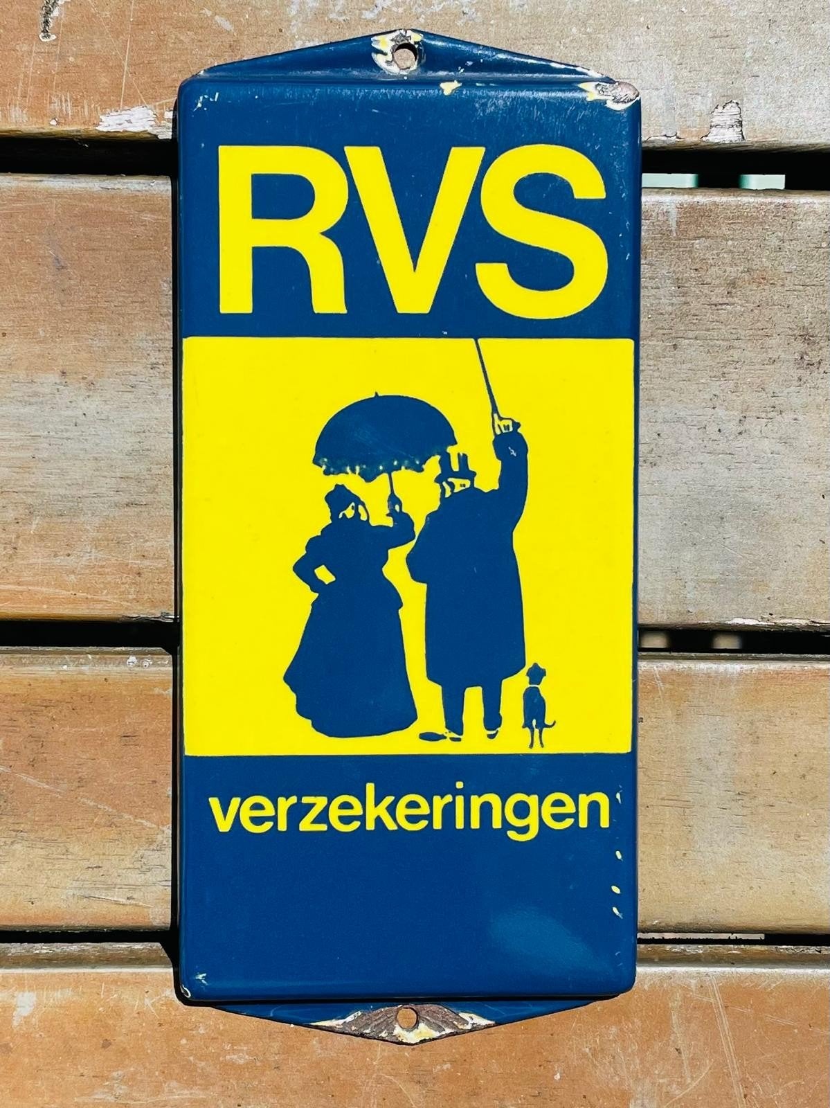 Reclamebordje RVS Verzekeringen - Deurpost Emaille, Ophalen of Verzenden, Gebruikt, Reclamebord
