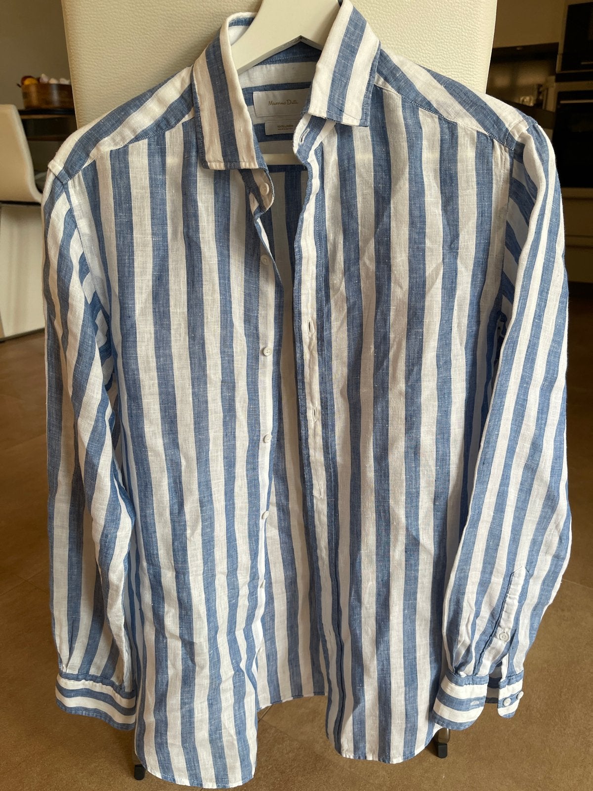 Massimo Dutti Linnen Gestreept Overhemd - Maat XS, Ophalen, Blauw, Zo goed als nieuw, Lange mouw