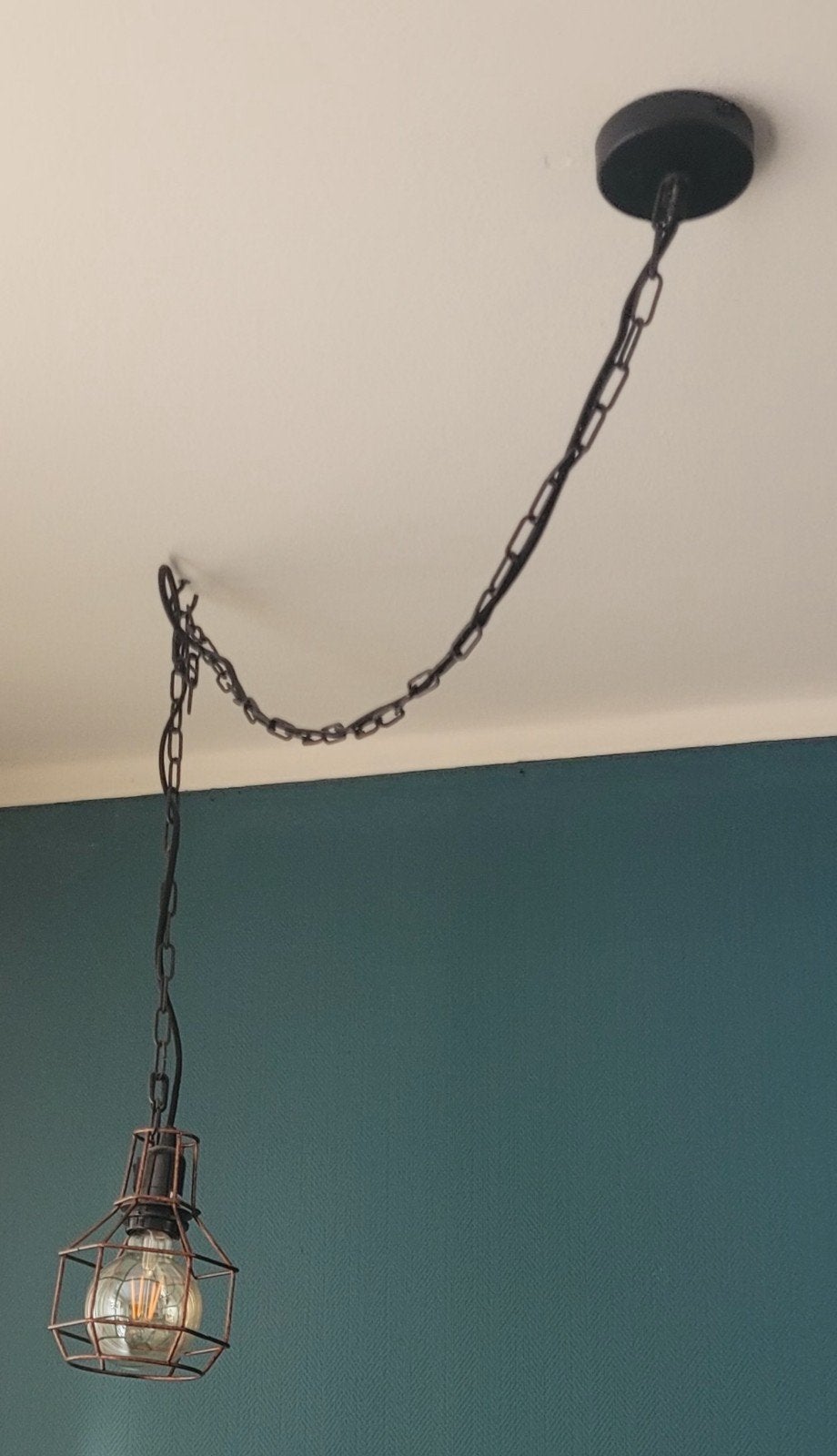 Industriële hanglamp met kooikap en ketting, Ophalen, E27 (groot), Zo goed als nieuw, Industrieel, Vintage