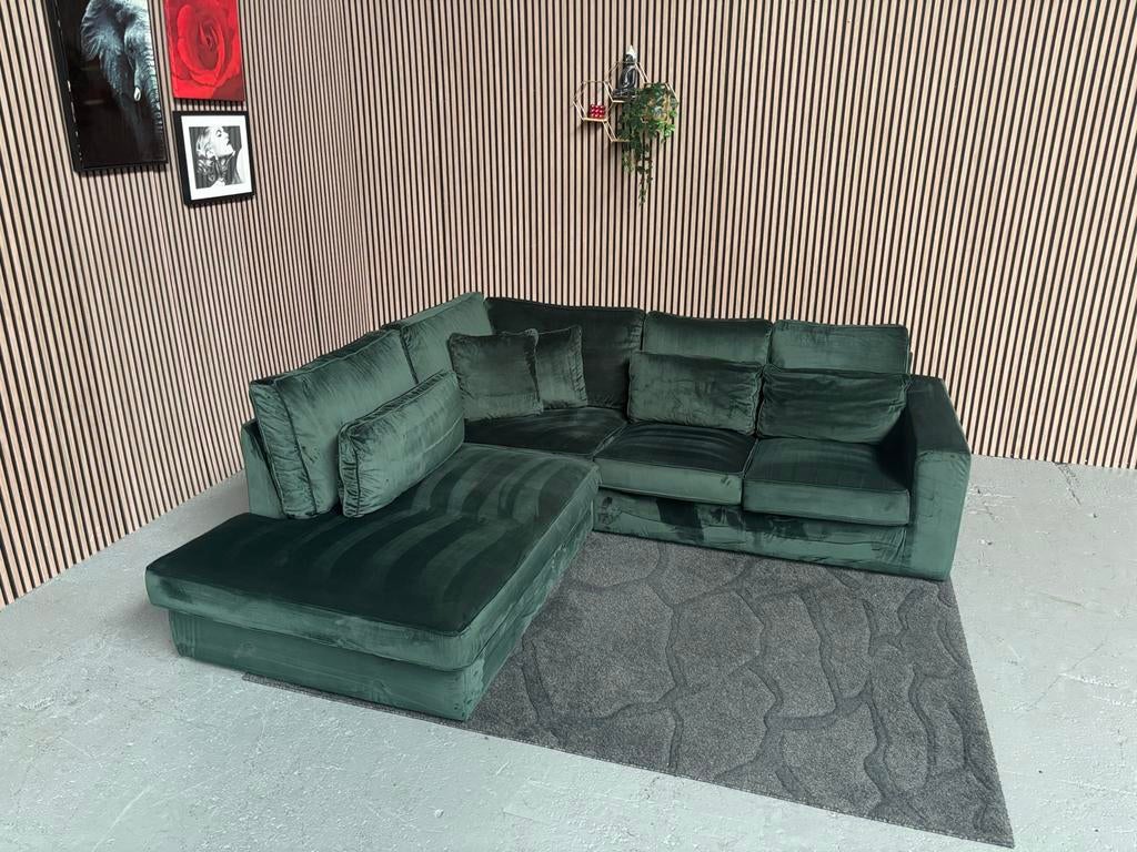 GRATIS LEVERING Velvet Hoekbank Groen 255x255 GEREINIGD, 250 tot 300 cm, Hoekbank, Ophalen of Verzenden, Zo goed als nieuw