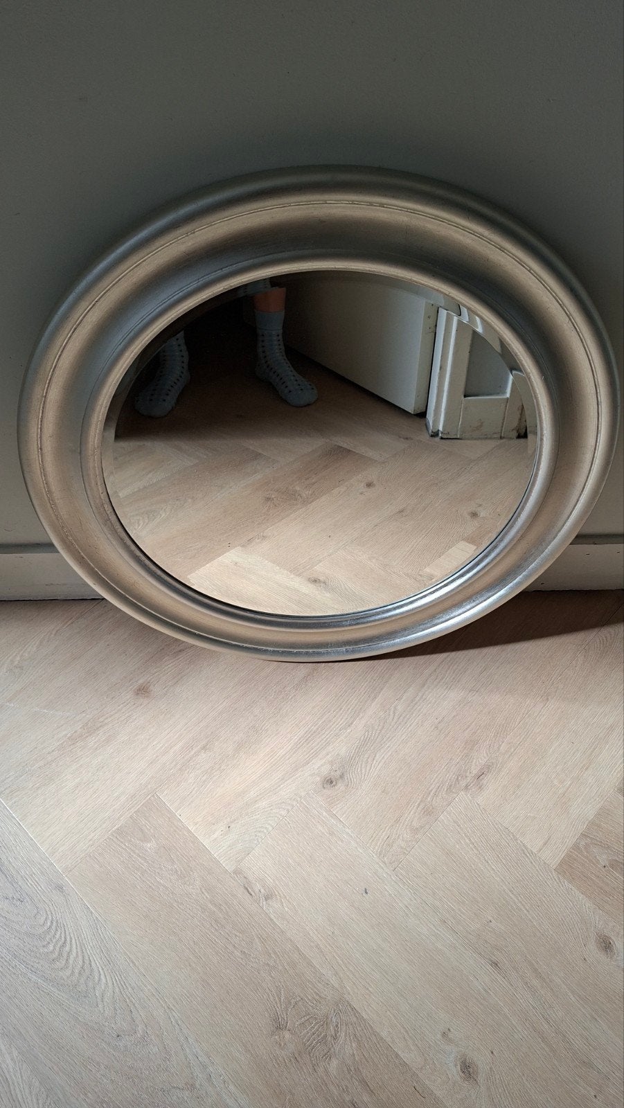 IKEA SONGE ronde spiegel met zilverkleurige lijst, Ø 70 cm, Ophalen, Rond, Zo goed als nieuw, Minder dan 100 cm