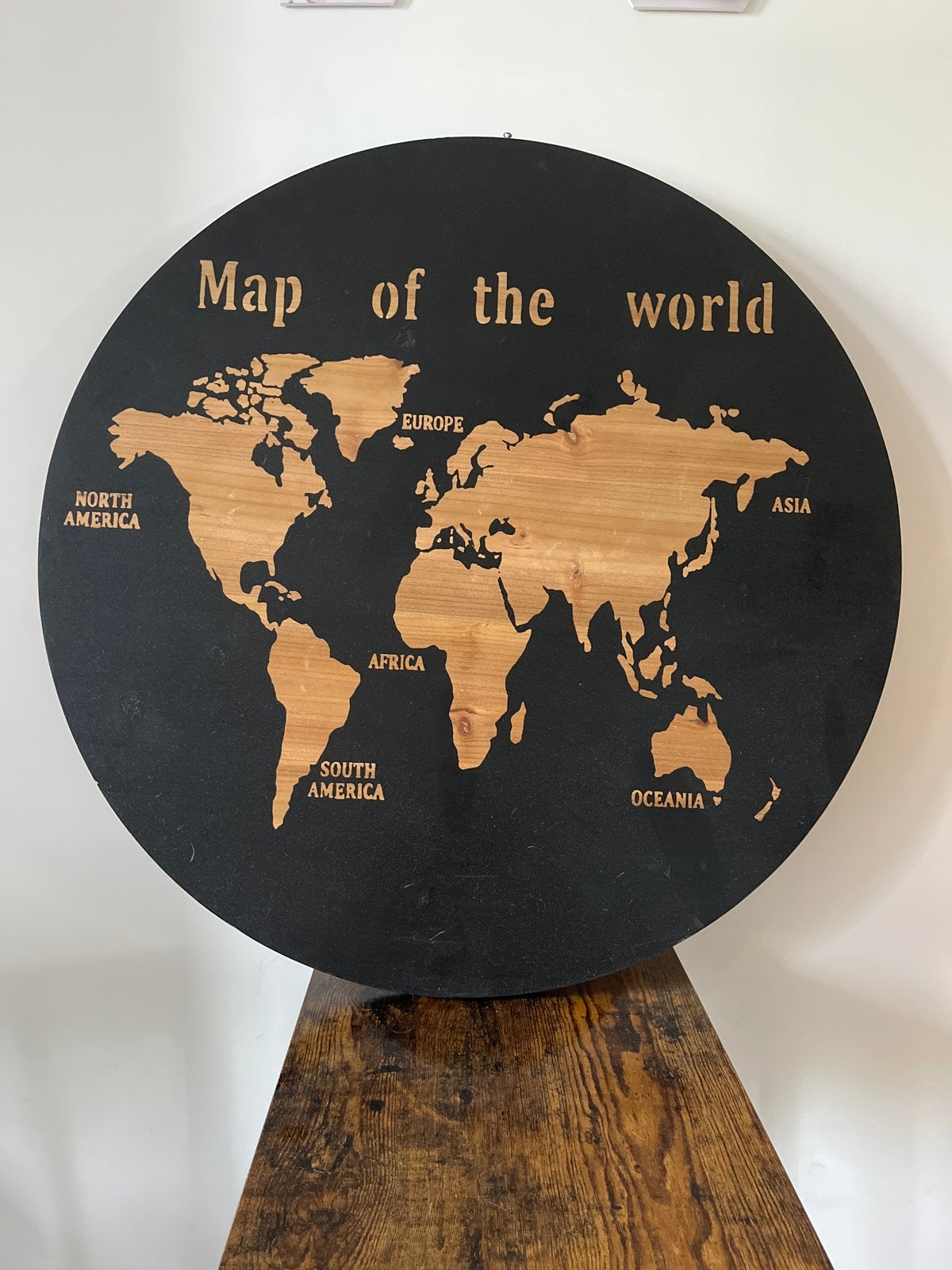 Houten Wereldkaart Wanddecoratie - Zwart met Hout, Ophalen, Zo goed als nieuw, Wandbord of Wandpaneel, Handgemaakt