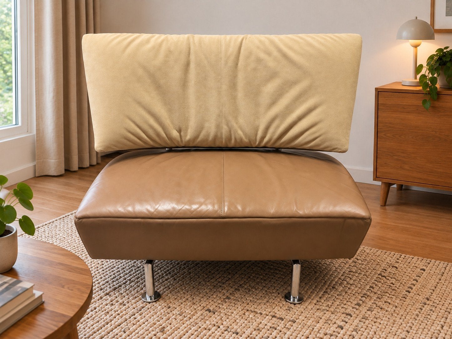 Leolux Akka bank/chaise longue licht bruin/beige leer, Ophalen, Zo goed als nieuw, Bruin, Leer