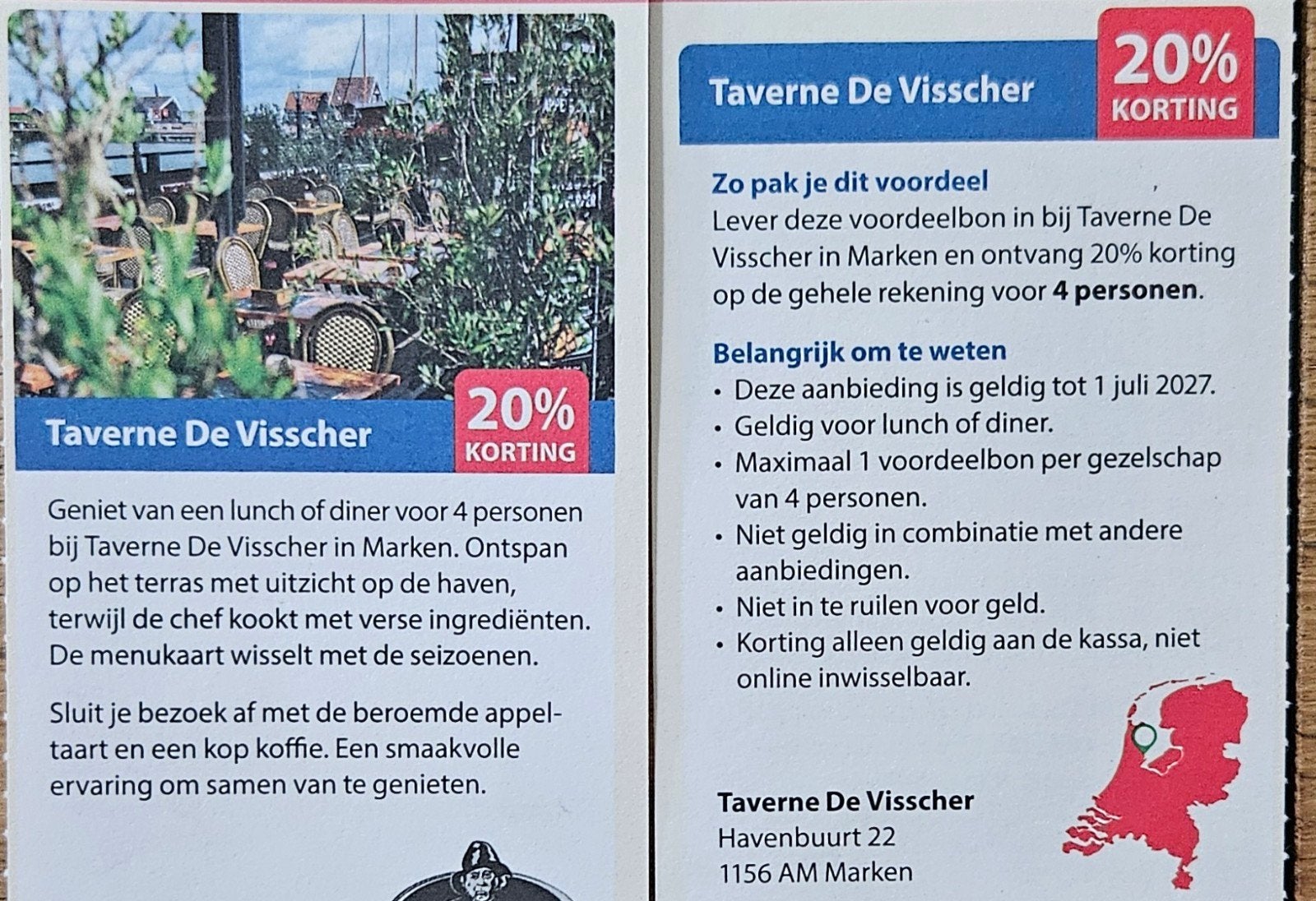 Taverne De Visscher. Lunch en diner. Marken. 20% korting., Tickets en Kaartjes, Kortingen en Cadeaubonnen