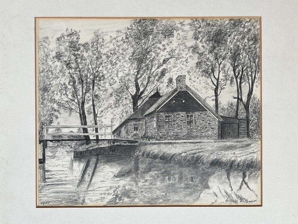 Tekening van een boerderij, Antiek en Kunst, Kunst | Tekeningen en Foto's, Ophalen of Verzenden
