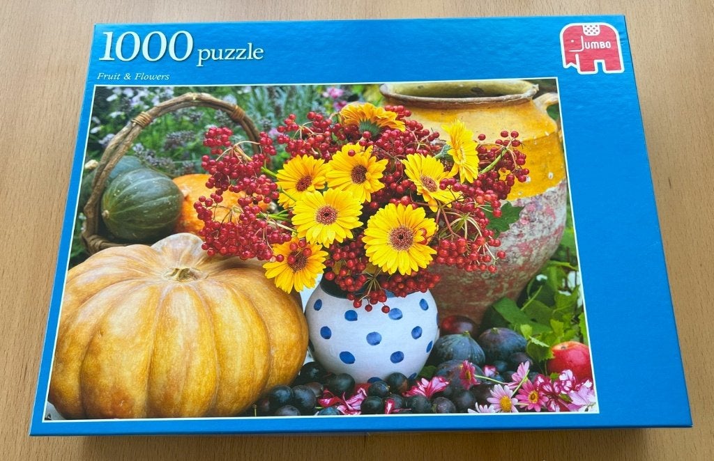Puzzel fruit en bloemen 1000 stukjes - Jumbo, Ophalen of Verzenden, 500 t/m 1500 stukjes, Gebruikt, Legpuzzel