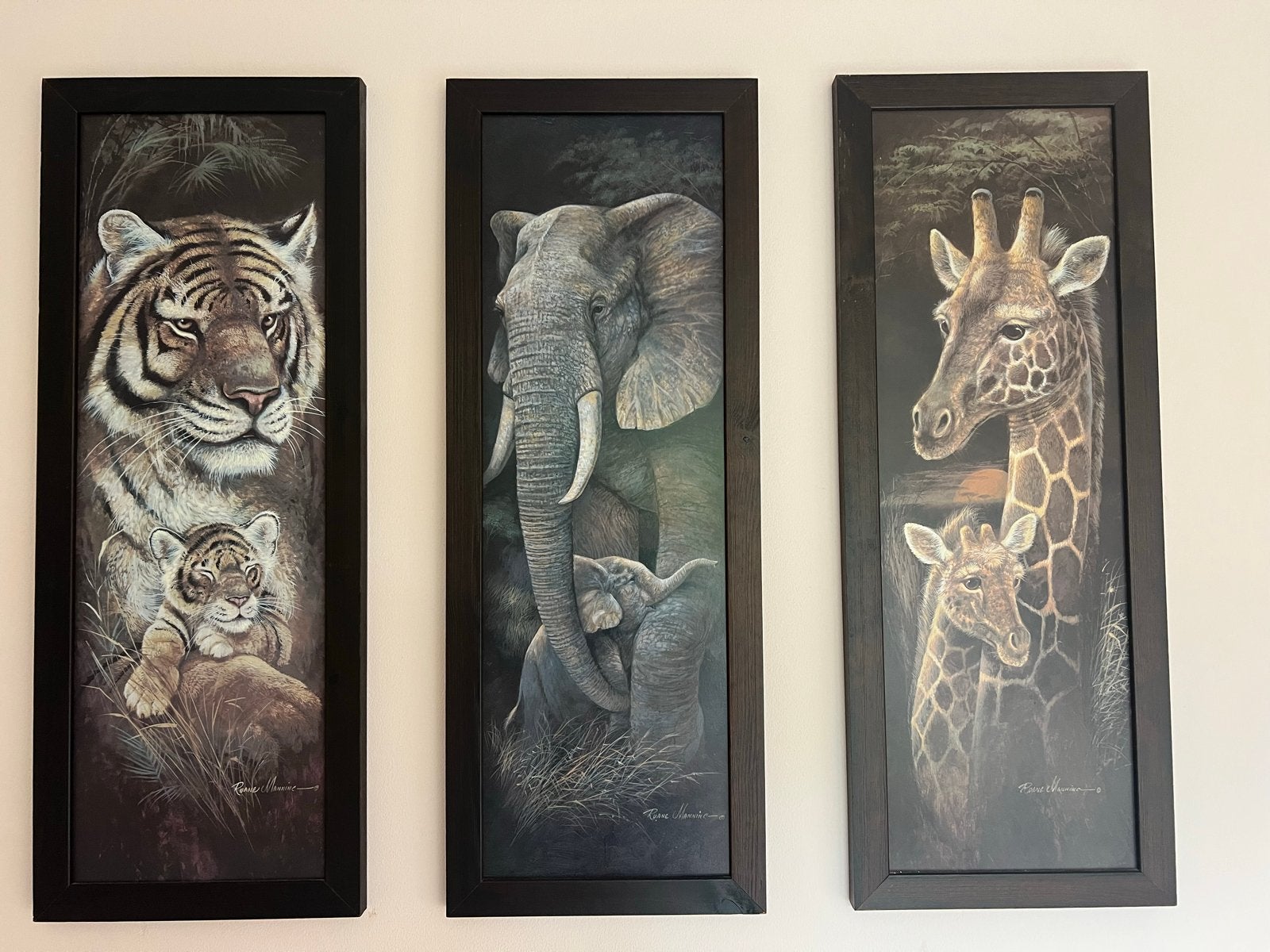 Ingelijst drieluik Ruane Manning Tijger, Olifant, Giraffe, Ophalen, Minder dan 50 cm, Oorspronkelijke maker, 75 – 100