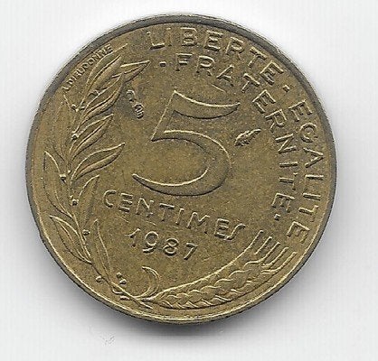 Frankrijk 5 centimes 1987 KM# 933, Ophalen of Verzenden, Frankrijk, Losse munt