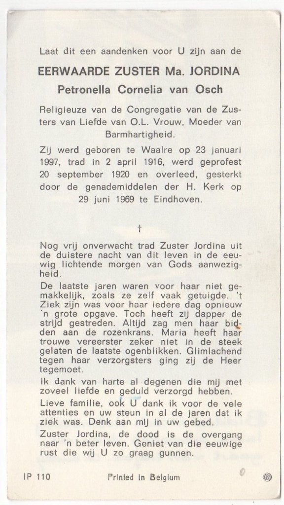 zr. Petronella C. van Osch 1897 + 1969 Eindhoven, 72 jaar, Verzenden