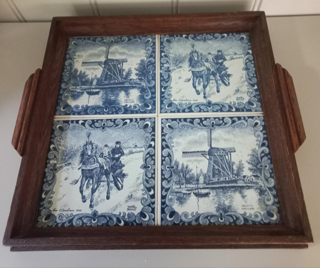 Delfts Blauw Tegeltableau in Houten Lijst - Hollandse Scènes, Antiek en Kunst, Antiek | Wandborden en Tegels, Ophalen