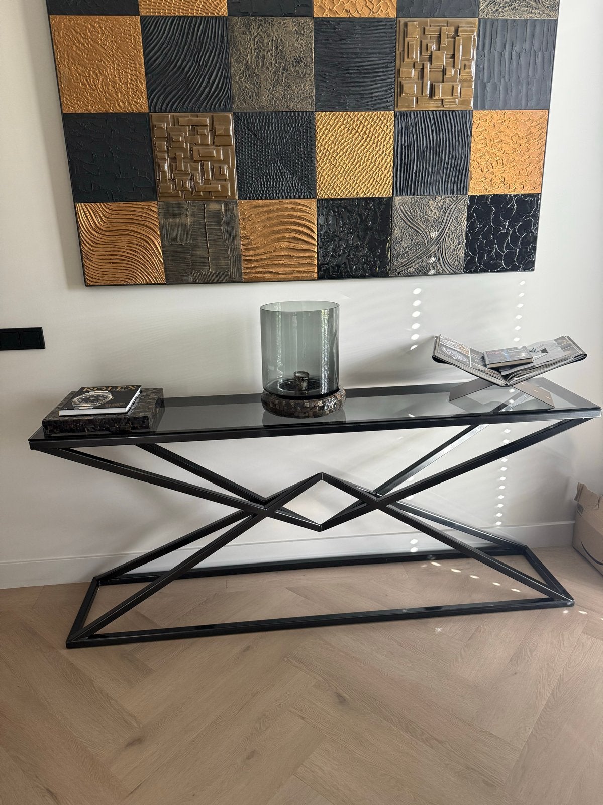 Tafel met zwart stalen onderstel en glasplaat, Ophalen, Gebruikt, Glas, 150 tot 200 cm