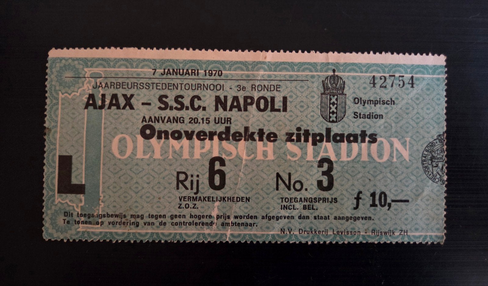 oud voetbal entree ticket Europacup Ajax SSC Napoli 1970, Ophalen of Verzenden, Gebruikt, Ajax, Overige typen