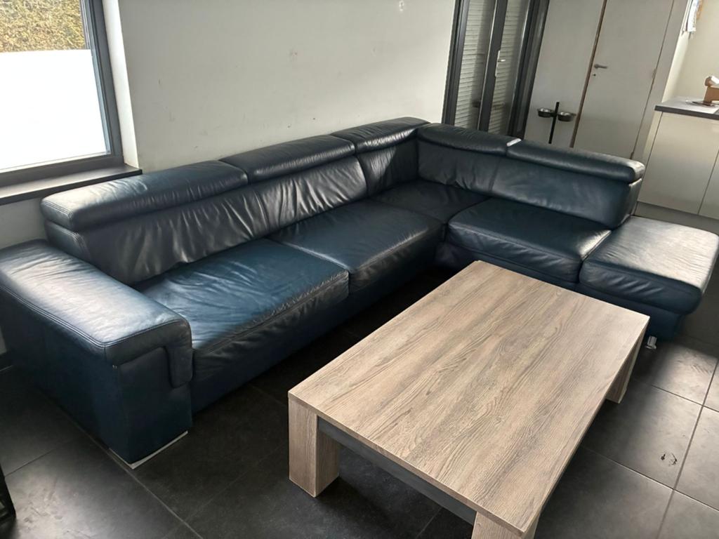 Donkerblauwe lederen hoekbank/hoekzetel, Ophalen, Gebruikt, Leer