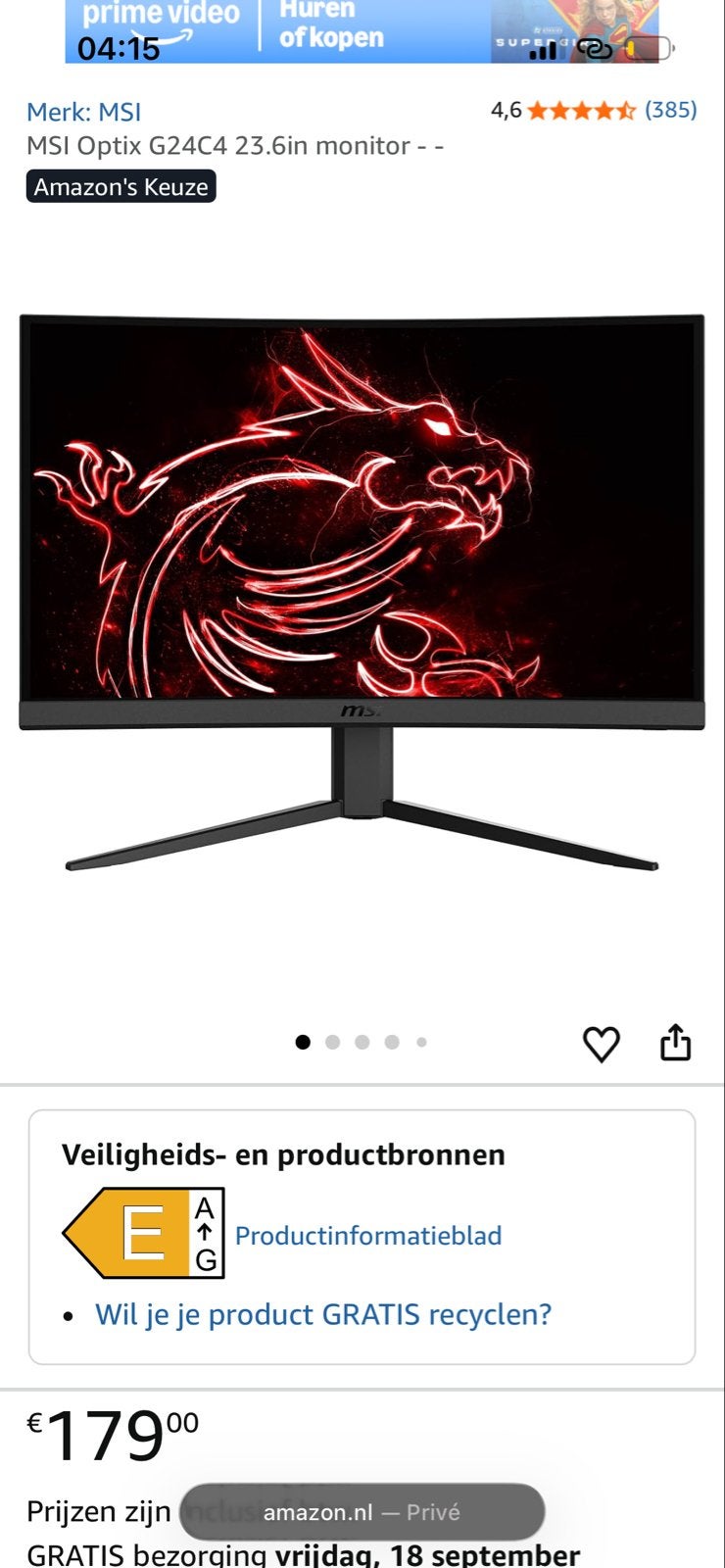 MSI Optix G24C4 23.6 inch 4K monitor, Ophalen of Verzenden, Zo goed als nieuw, Ultra HD (4K)