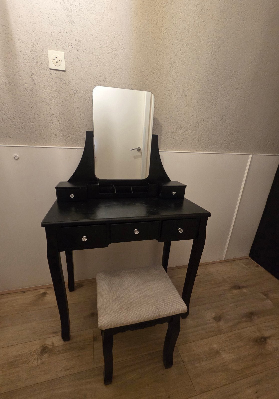 Zwarte kaptafel met spiegel en krukje, Ophalen, Gebruikt, 50 tot 100 cm, Hout