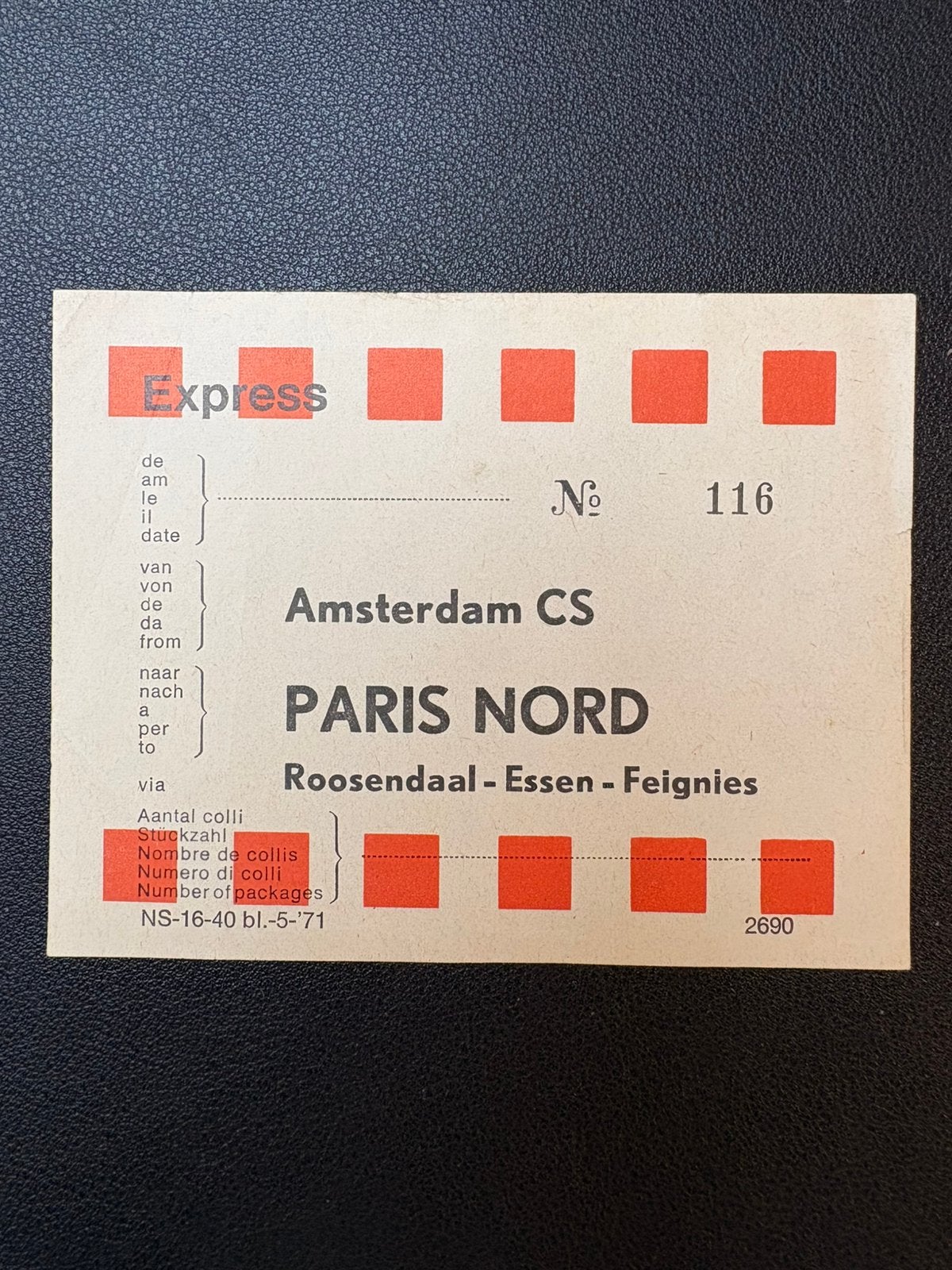 Verzendlabel expressgoederen Amsterdam - Paris Nord (1971), Ophalen of Verzenden, Zo goed als nieuw, Trein