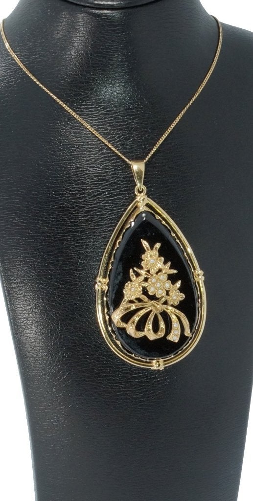 Zeer grote uniek onyx 14k gouden hanger vintage parels