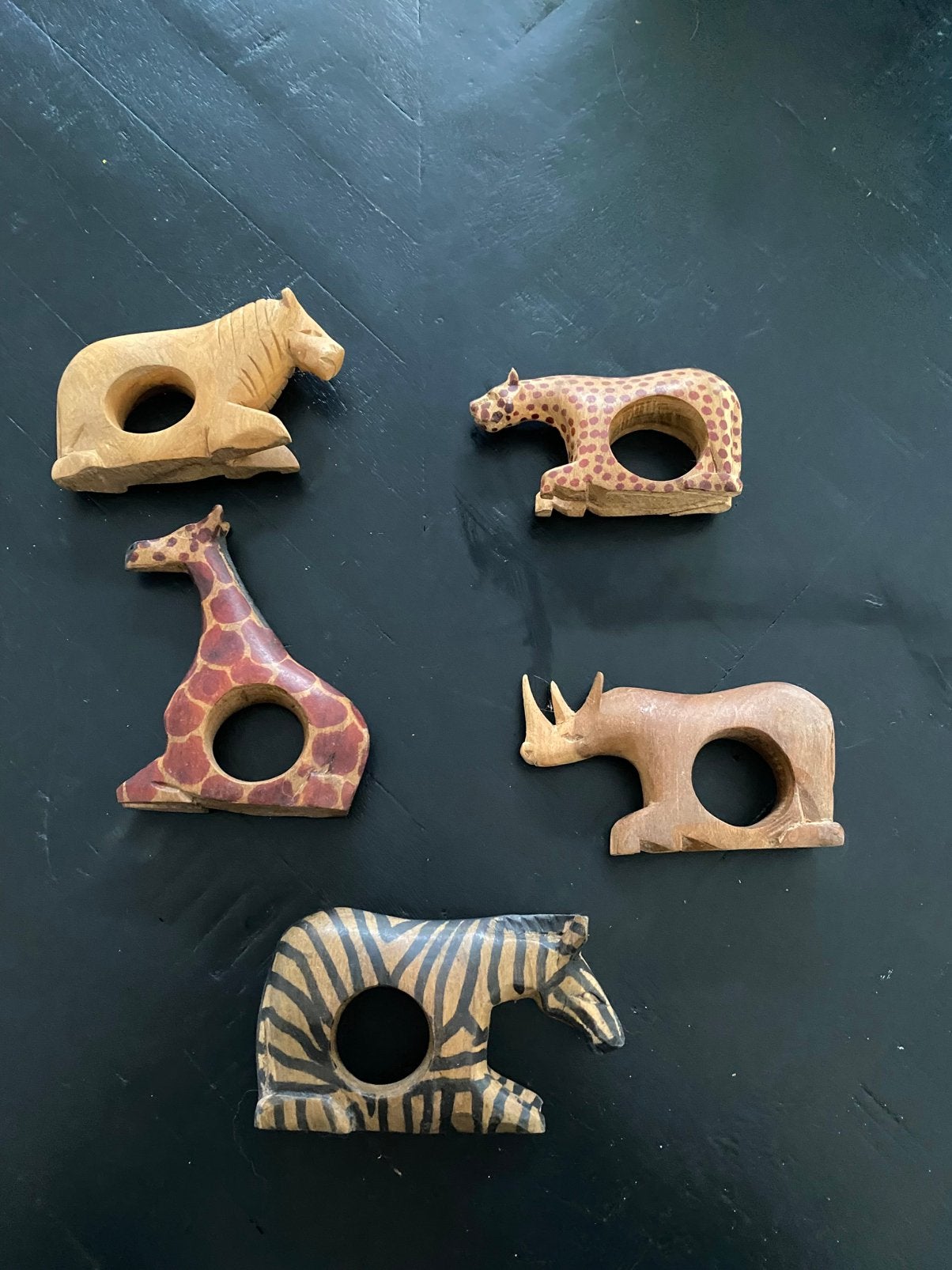 Houten servetring, oa giraffe, zebra,Afrika,5 stuks €12,50, Ophalen