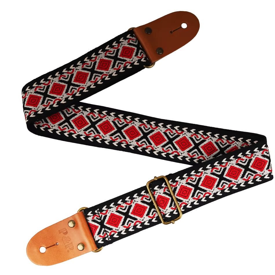 P&P geborduurde katoenen zwart rood (bas)gitaarband strap, Info@Mokucustomguitars.com, Moku Custom Guitars, Nieuw, 4613CB