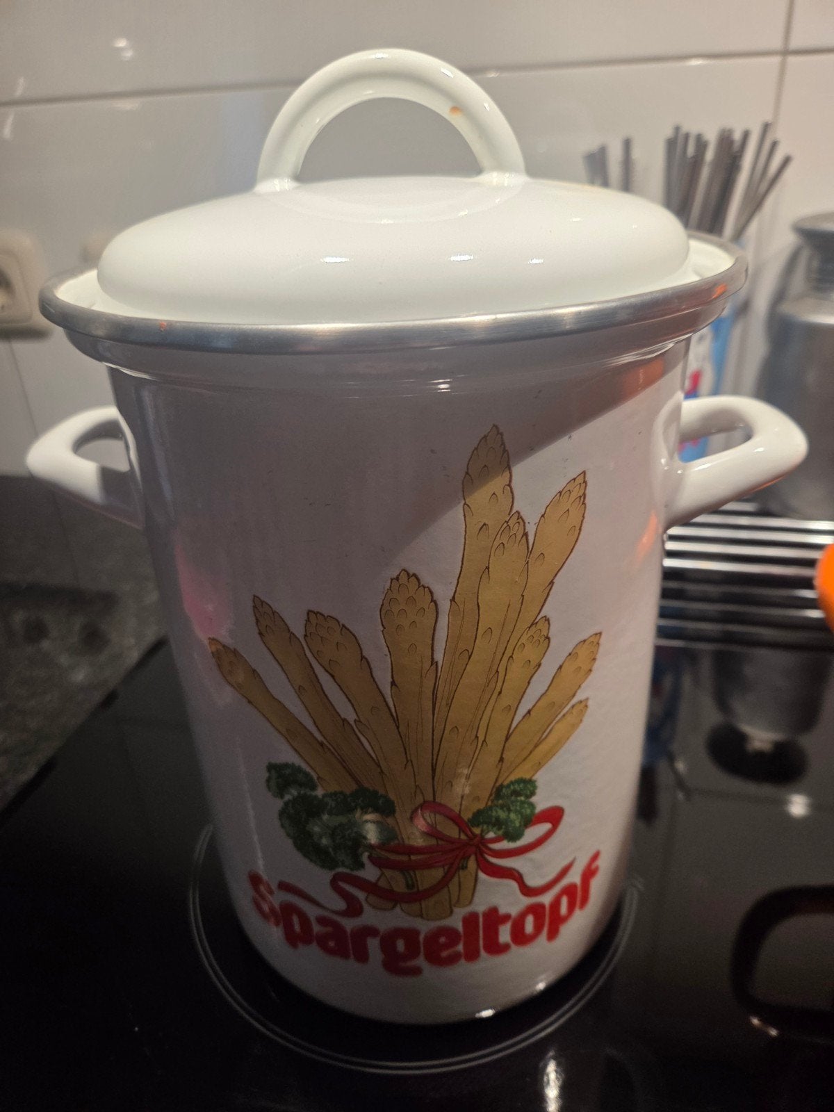 Emaille Aspergetopf met inzet - Zo goed als nieuw, Ophalen, Met deksel, Zo goed als nieuw, Kookpan