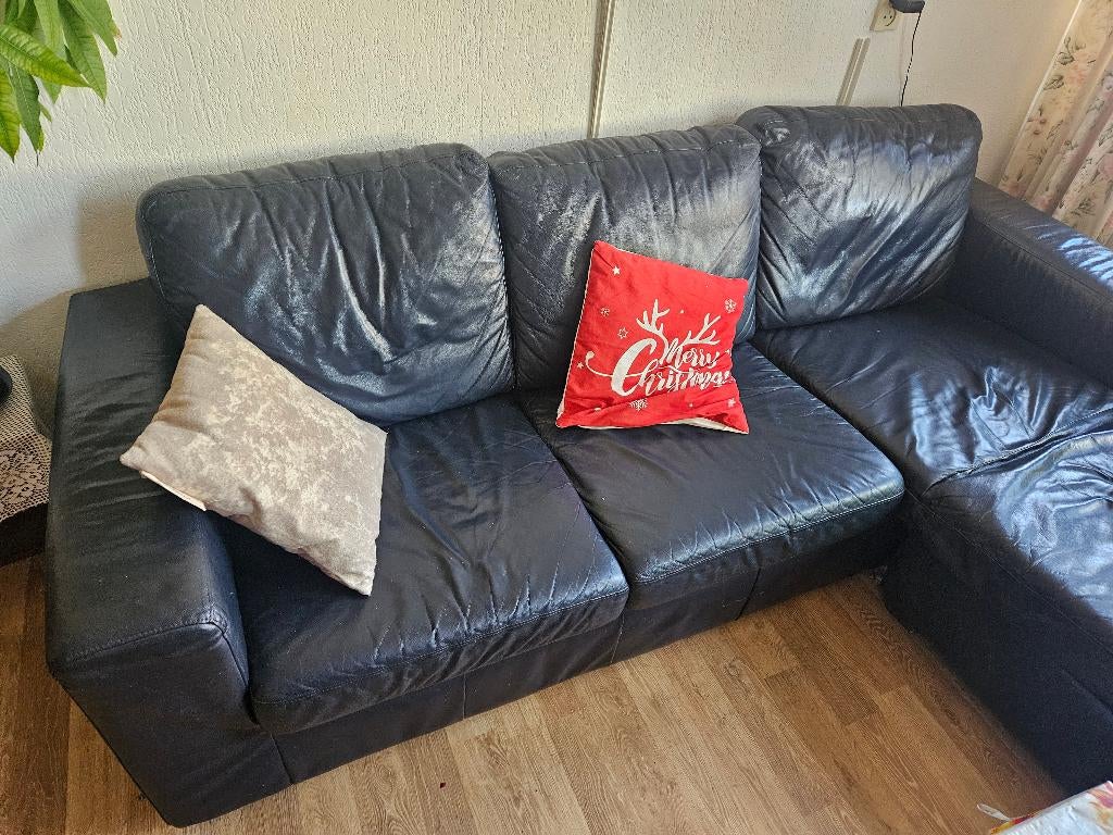 Loungebank Zwart leer, Ophalen, Gebruikt, Hoekbank, Leer