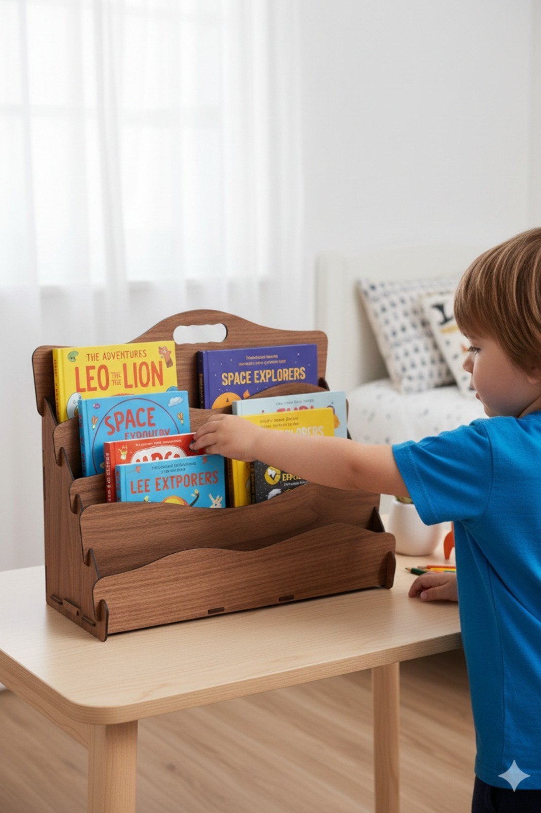 Simux Carry Wave Montessori Kinderboekenrek Boeken Walnoot, Meerdere vakken, Overige typen, Nieuw, Hout
