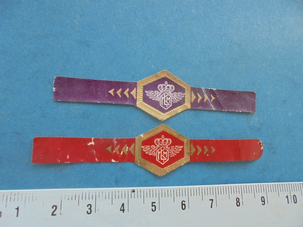 2 oude sigarenbanden vliegtuigmaatschappij KLM, Ophalen of Verzenden, Gebruikt, Sigarenbandjes