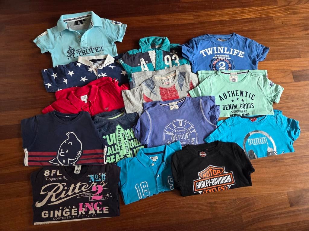 Pakket met 14 (merk) shirts en longsleeves jongen vanaf 116, Ophalen of Verzenden, Gebruikt, Maat 116