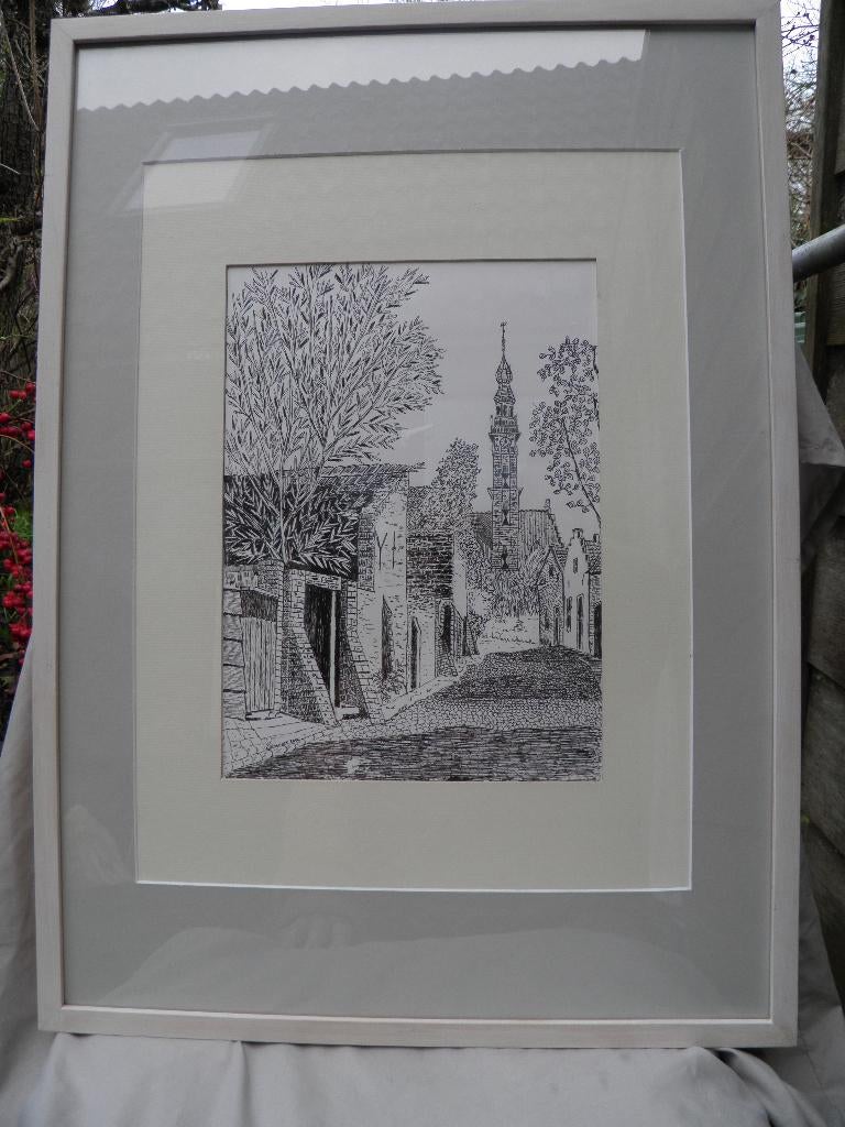 Pentekening veere, ingelijst, Antiek en Kunst, Kunst | Schilderijen | Klassiek, Ophalen of Verzenden