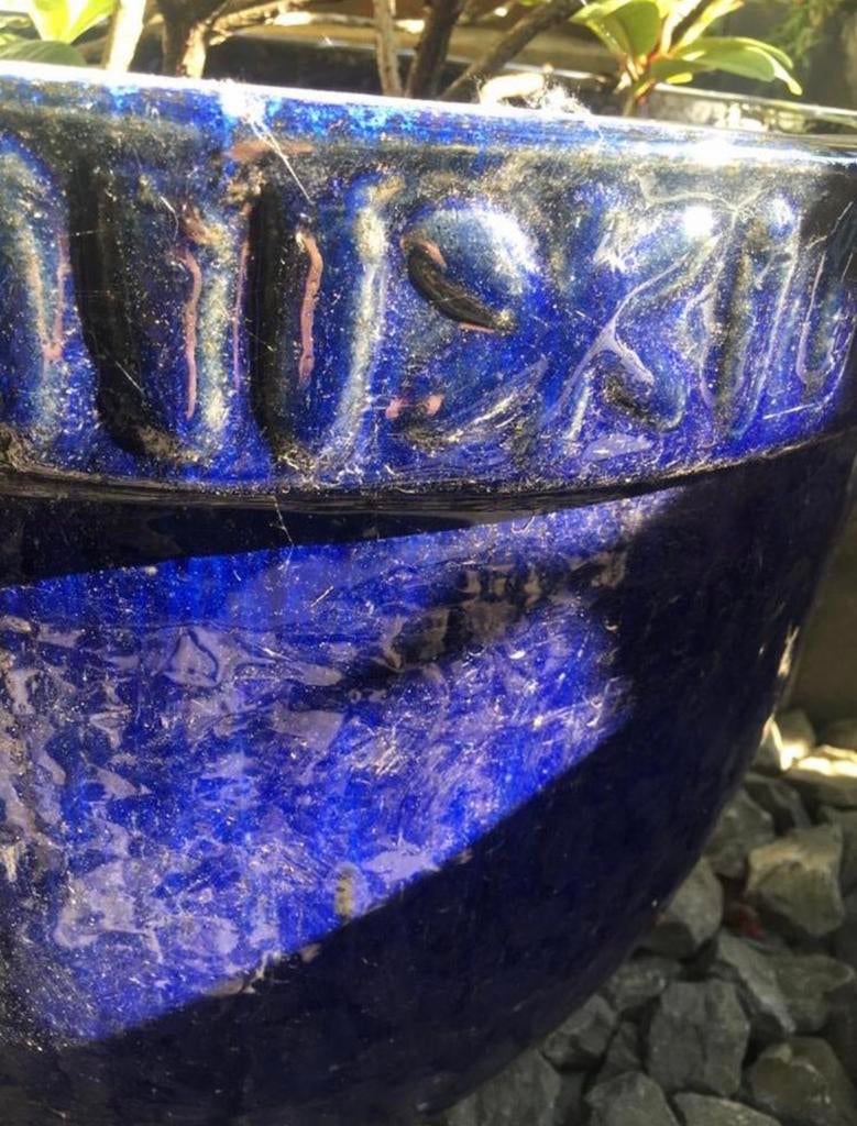Uniek geglazuurde Oud Hollandse terracotta bloempot blauw, 40 cm of meer, Rond, Ophalen of Verzenden, Zo goed als nieuw