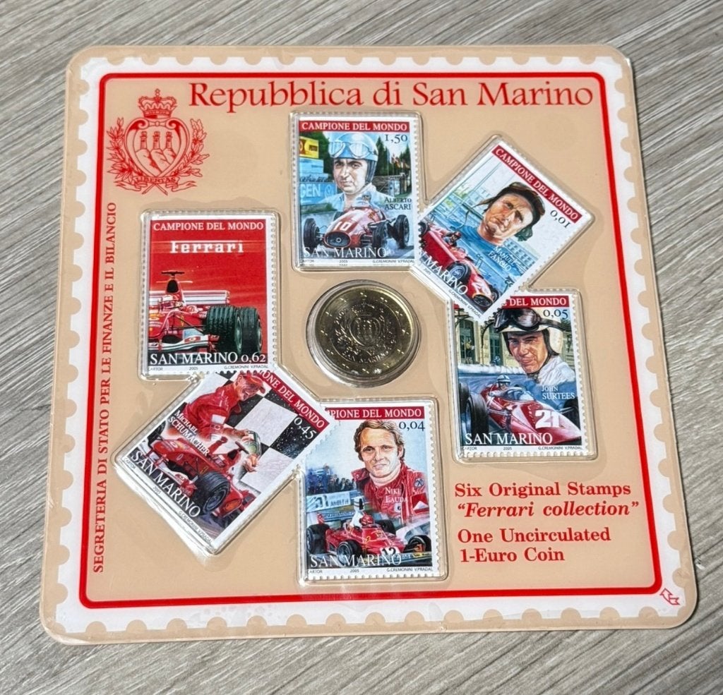 1 Euro San Marino 2002 met postzegels in blister (Ferrari), Postzegels en Munten, Verzenden, San Marino, 1 euro, Losse munt