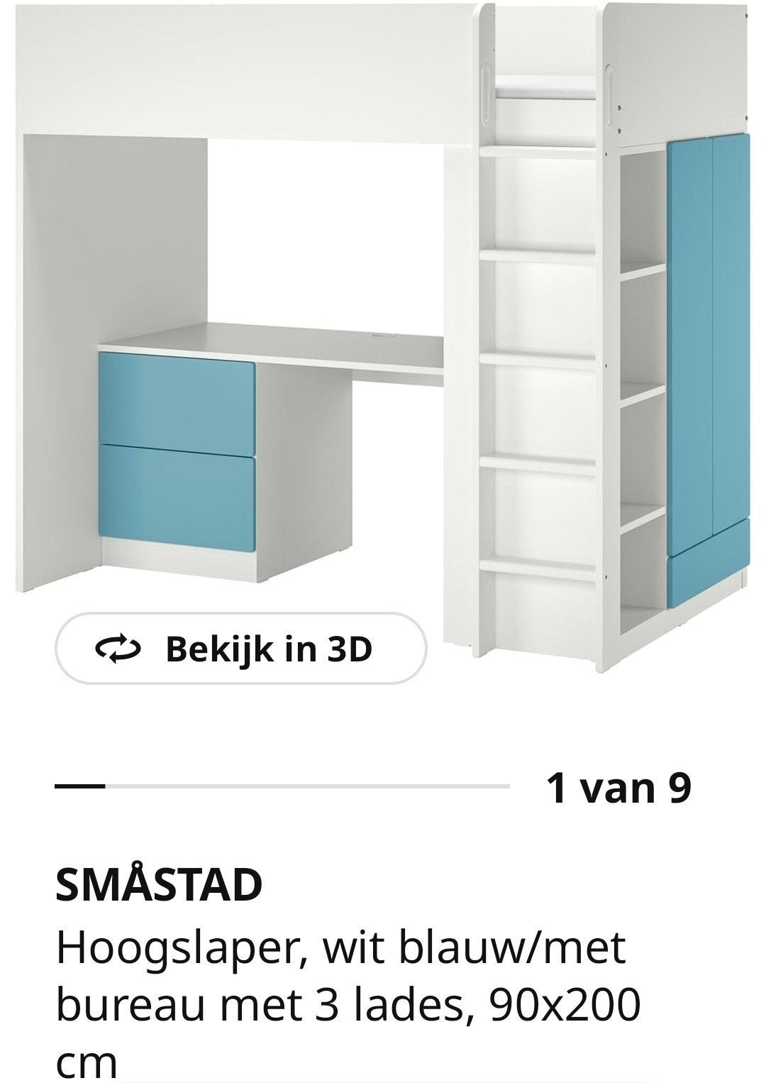 Ikea SMÅSTAD Hoogslaper met bureau en matras (90x200), Huis en Inrichting, Slaapkamer | Stapelbedden en Hoogslapers, Ophalen, Eenpersoons