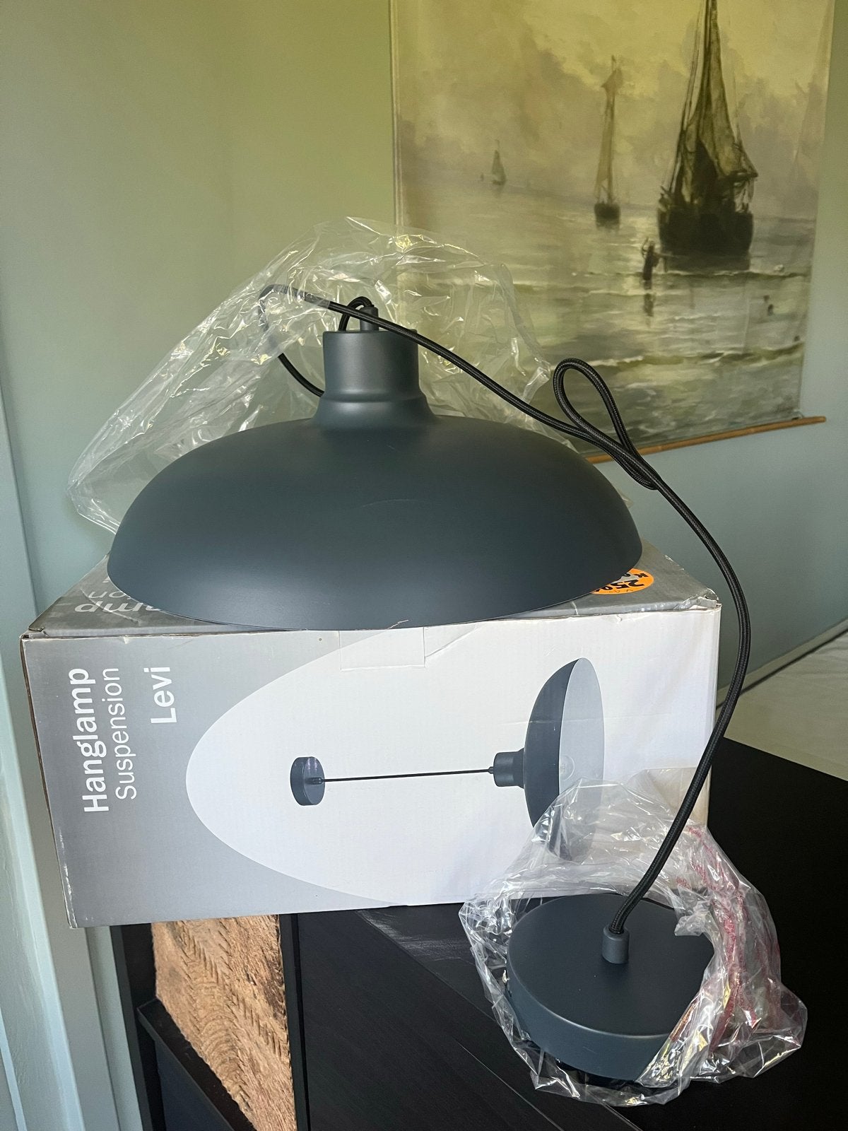 Nieuwe hanglamp Levi - vergrijsd donkerblauw Ø 40 cm, Ophalen of Verzenden, Nieuw, Metaal, E27 (groot)