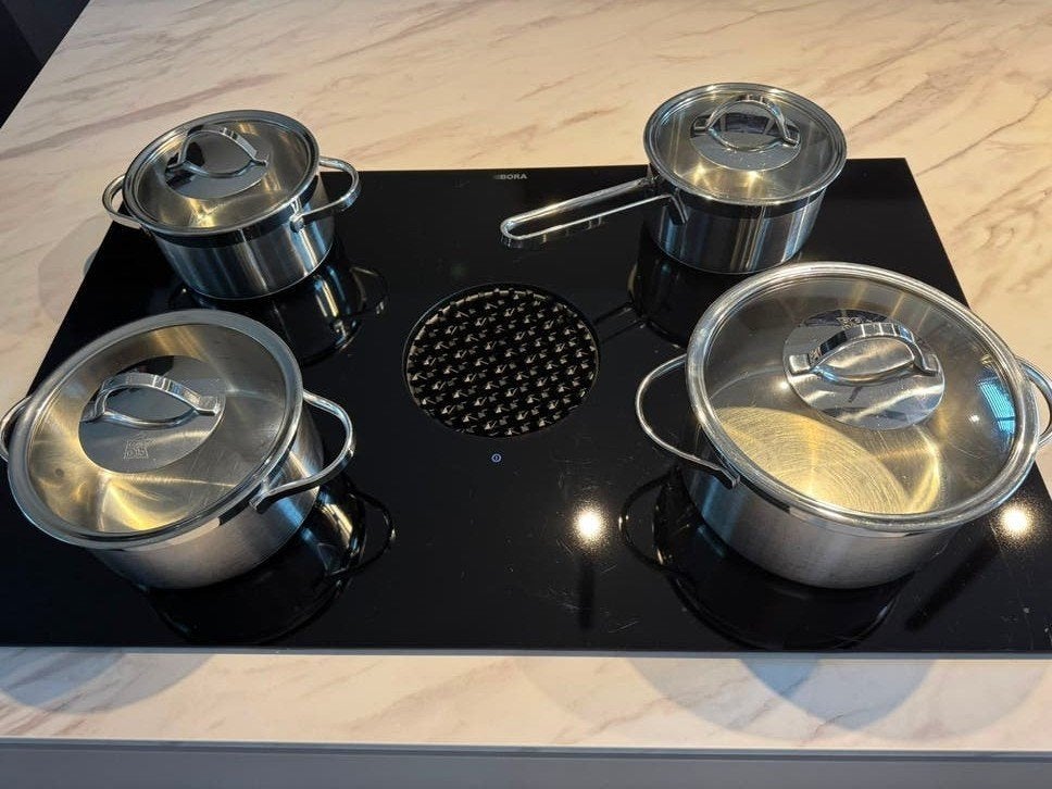BK Pannenset - 4-delig RVS met glazen deksels, Gebruikt, BK, Pannenset, Ophalen of Verzenden