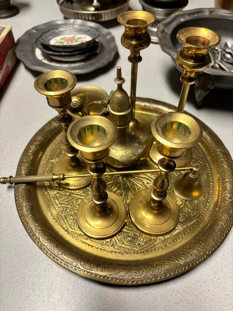 Messing kandelaars en dienblad set - Made in India, Antiek en Kunst, Ophalen, Koper of Brons