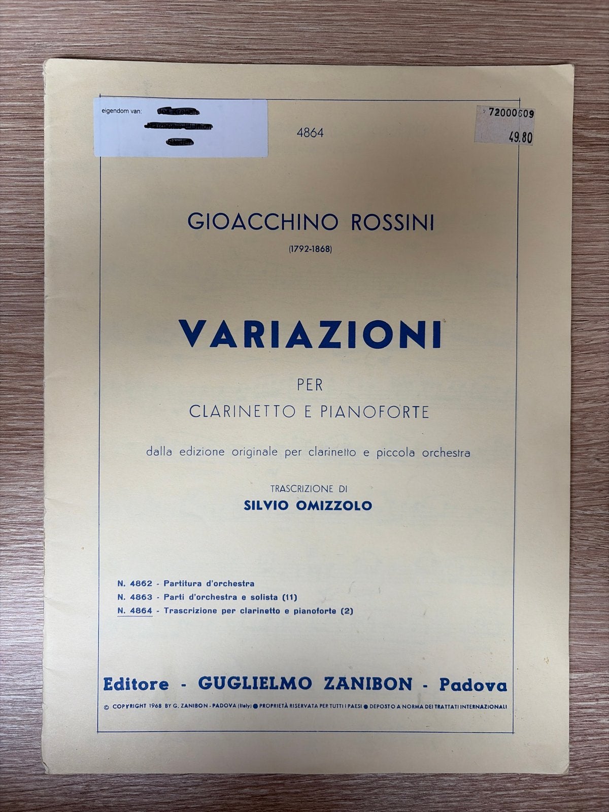 Rossini - Variazioni voor Klarinet en Pianoforte, Gebruikt, Klassiek, Ophalen of Verzenden, Klarinet