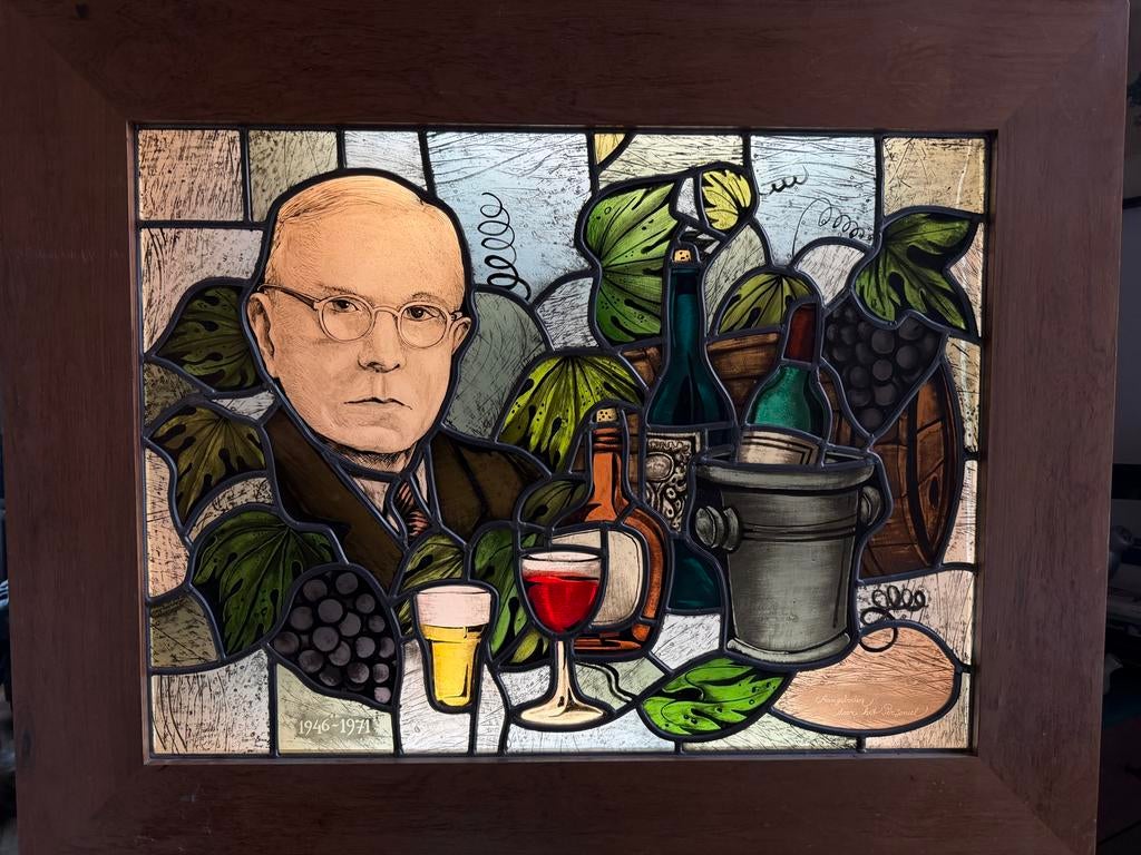 Uniek Glas-in-lood Kunstwerk in lichtbak - Wijnthema, Ophalen of Verzenden