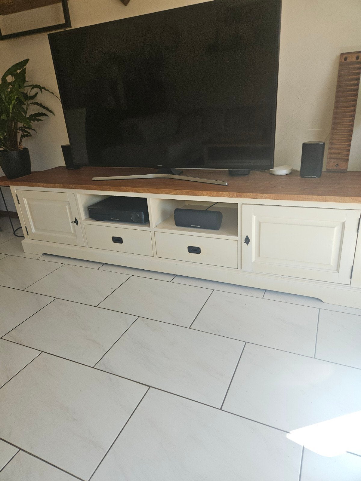 Landelijk TV-meubel met houten blad, Ophalen, Gebruikt, Landelijk, 200 cm of meer
