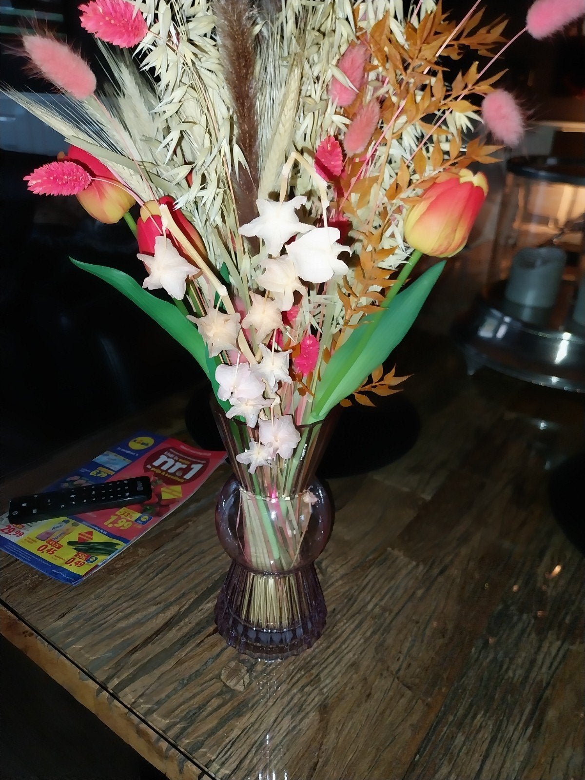 Glazen vaas met droogbloemen en kunstbloemen, Paars, Ophalen of Verzenden, Geschikt voor droogbloemen, Glas
