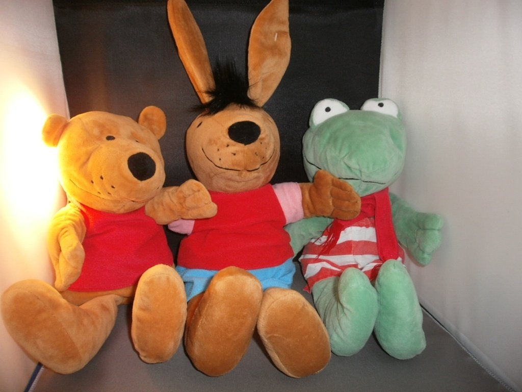max Velthuis handpoppen kikker 45cm/beer 40cm/konijn 54cm, Kikker, Overige merken, Overige karakters, Ophalen of Verzenden