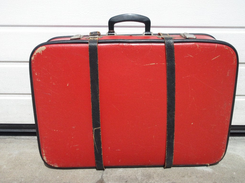 Vintage oranje koffer met riemen, Sieraden, Tassen en Uiterlijk, Koffers, Ophalen, Gebruikt, Overige materialen, 60 tot 70 cm