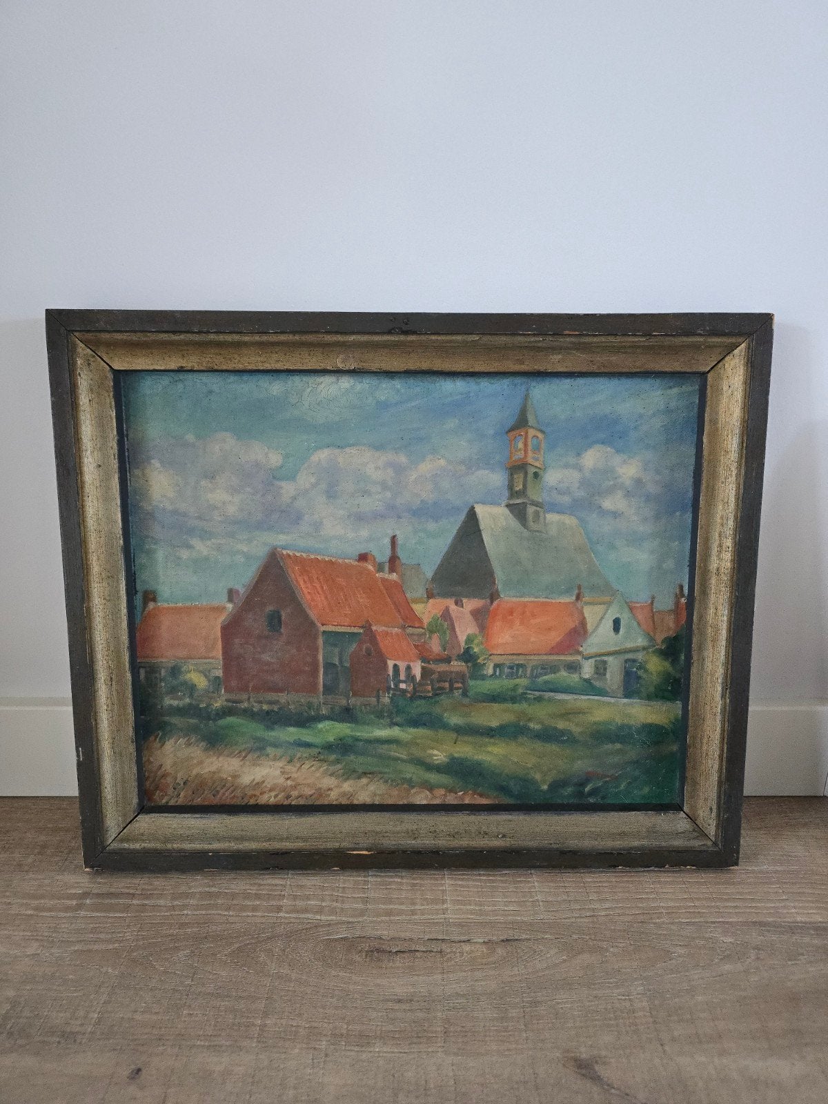 Vintage antiek schilderij met lijst Kouderkerke - A. Rottier, Paneel, Ingelijst, Ophalen of Verzenden, Olieverf