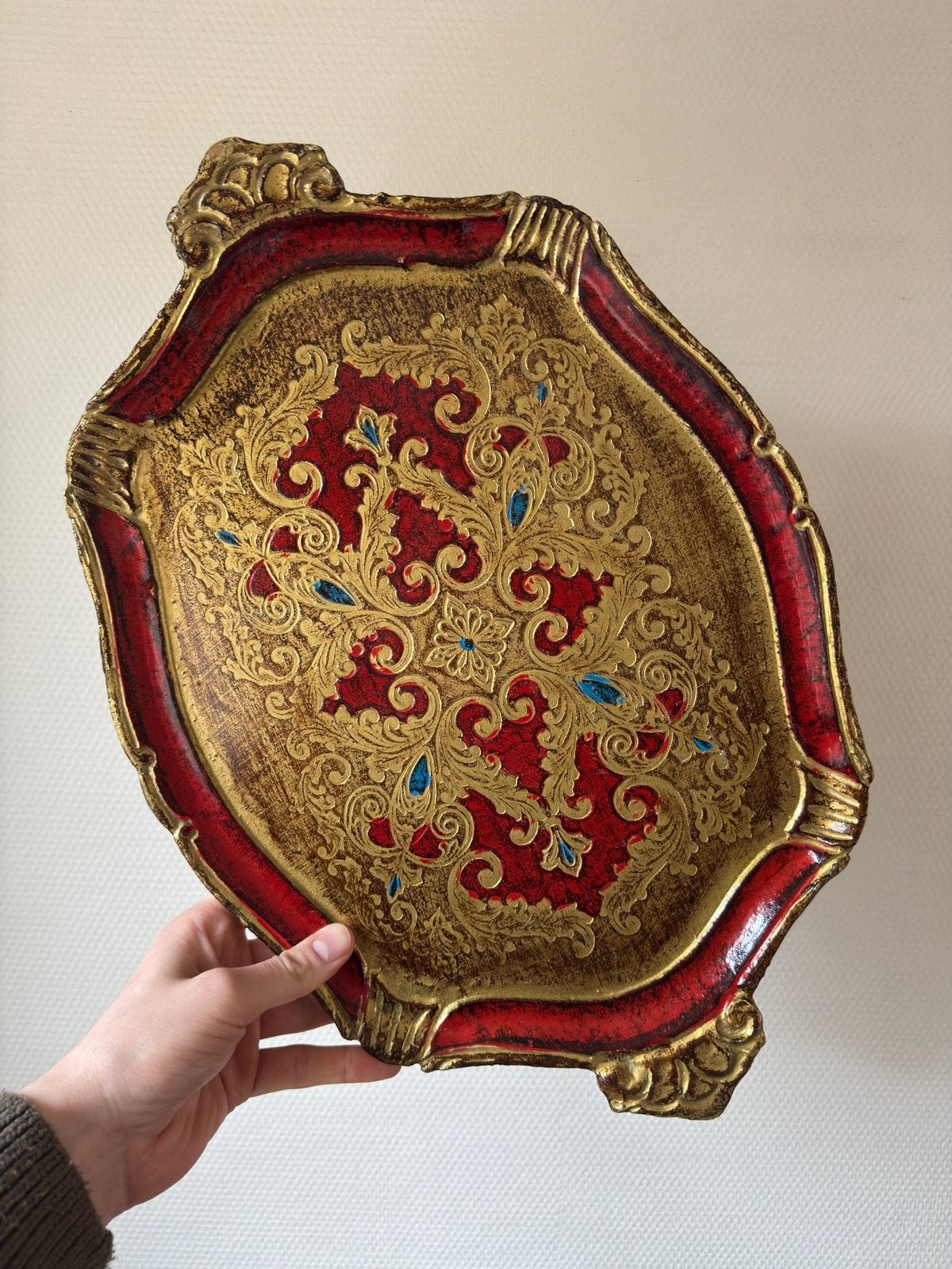 Groot Vintage Florentijns Venetiaans Dienblad, Rood Goud, Ophalen of Verzenden, Gebruikt, Overige vormen, Hout