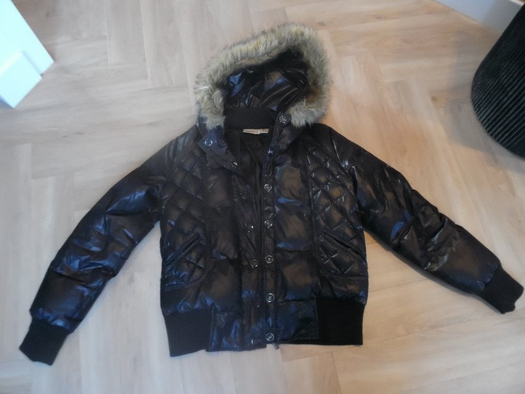 Zwarte gewatteerde jas met bontkraag DKNY mt 40, Kleding | Dames, Maat 38/40 (M), Bruin, DKNY, Ophalen of Verzenden