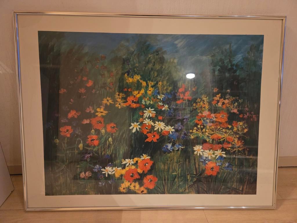 Ingelijste zeefdruk bloemenveld - Maya Wildevuur (1991), Ophalen of Verzenden